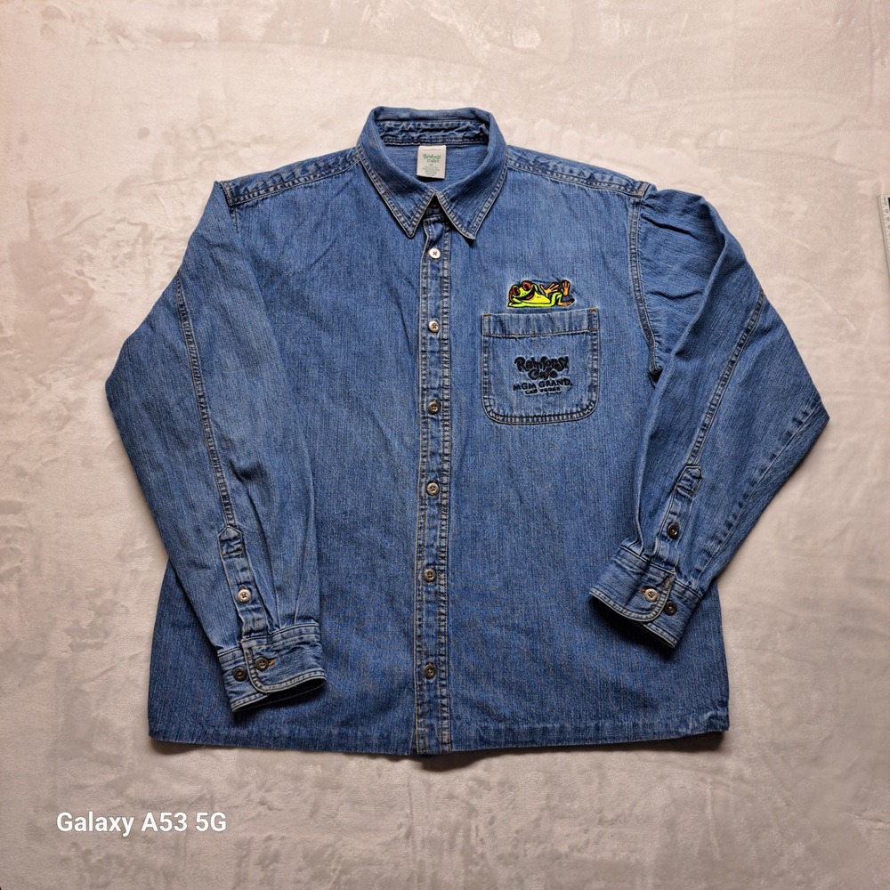 Rainforest Cafe Denim Shirt Mens M Blue Excellent MGM Grand Las Vegas Frog Logo